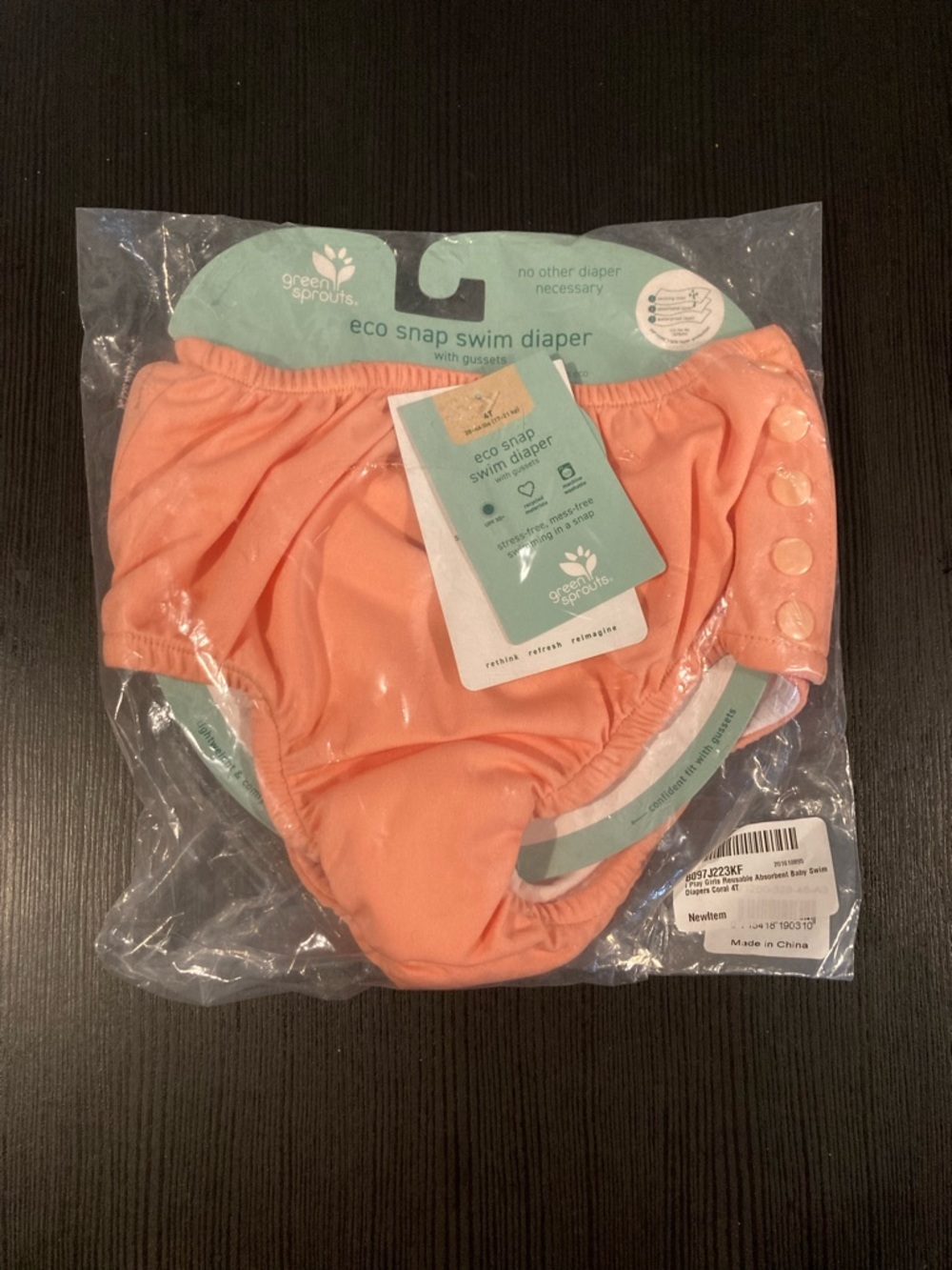 NEW Green Sprouts ~ Reusable Eco Snap Swim Diaper ~ Coral 4T (38-46lbs) UPF 50+